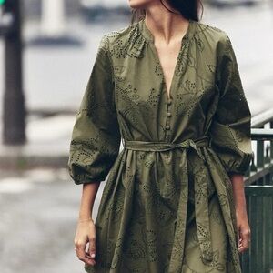 NWT Zara Green Rubberized Embroidery Dress - Size Small